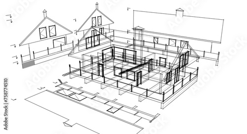 house plan sketch 3d illustration