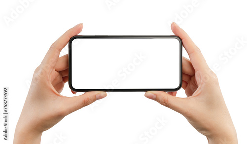 Hand play game on smartphone with blank screen on white background.