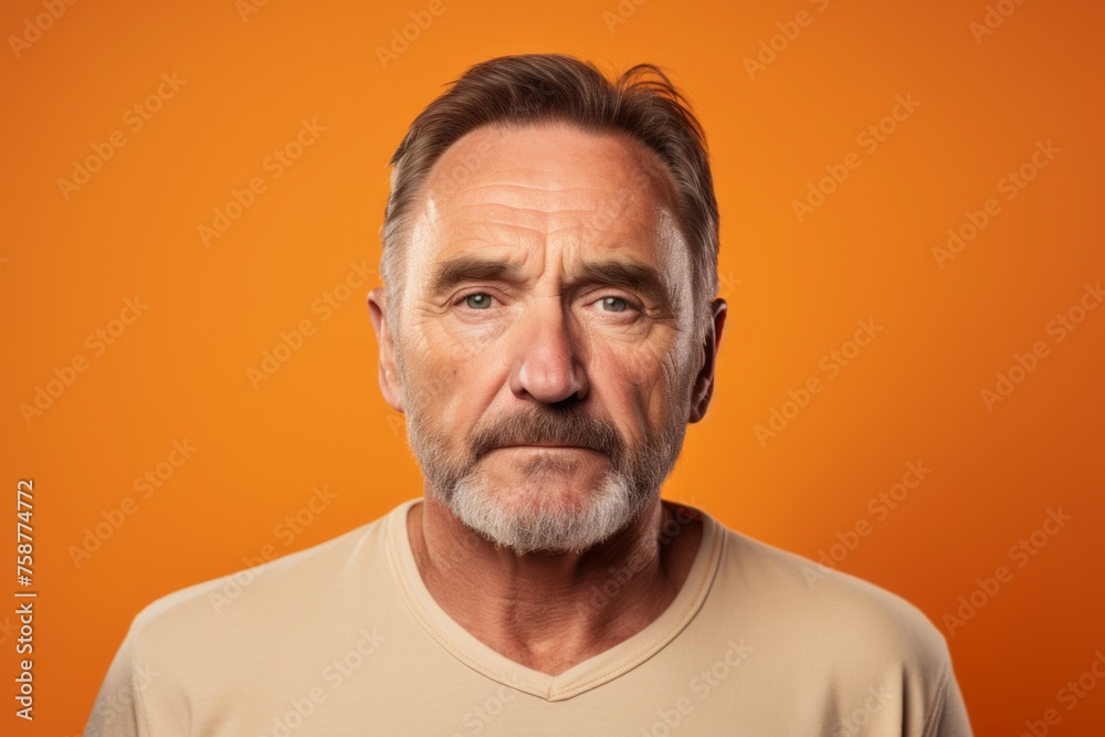 Portrait of senior man with grey beard on orange background. Studio shot. Portrait of senior man with grey beard on orange background. Studio shot.