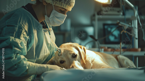 A worried-looking dog receives comfort from a veterinarian during a medical procedure