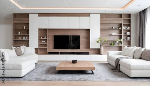  White-sofa-and-tv-unit-in-spacious-room--Luxury-home-interior-design-of-modern-living-room--panorama