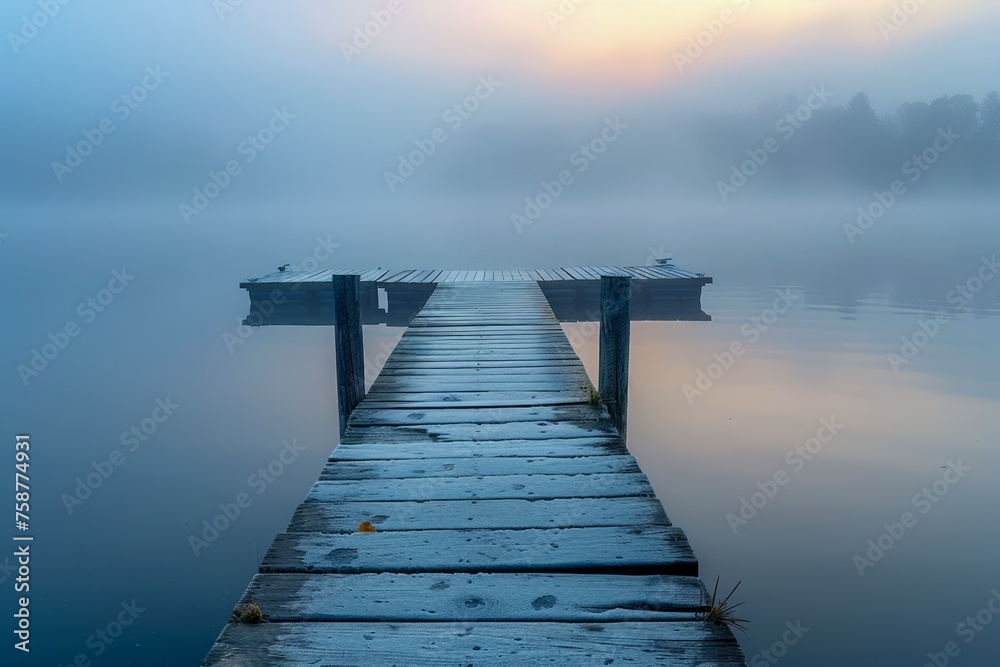 Serene Lake Jetty at Dawn with Misty Fog Over Calm Water and Tranquil Nature Scenery for Beautiful Backdrop or Wallpaper Serene Lake Jetty at Dawn with Misty Fog Over Calm Water and Tranquil Nature Scenery for Beautiful Backdrop or Wallpaper