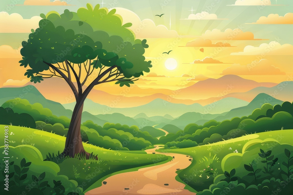 A beautiful landscape with a tree and road, in the style of a flat design illustration