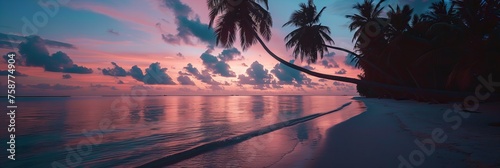 A tranquil Maldivian beach at dawn, with palm trees silhouetted against the pastel-colored sky photo
