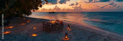 A romantic candlelit dinner set up on the sandy beach of the Maldives, under the stars