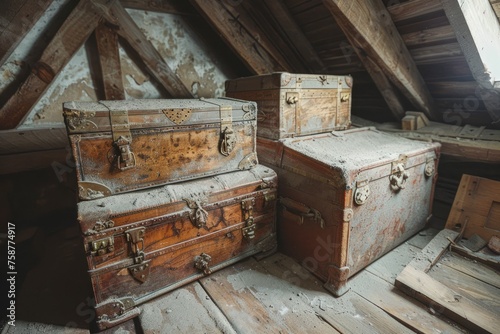 Antique Wooden Chests in Rustic Attic Room with Vintage Charm and Mysterious Ambiance
