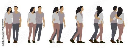 Vector conceptual silhouette of a couple walking from different perspectives isolated on white background. A metaphor for love, happiness, relationship, family and lifestyle