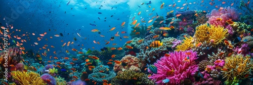 The vibrant underwater coral reef off the coast of the Maldives, teeming with colorful marine life © Lemar