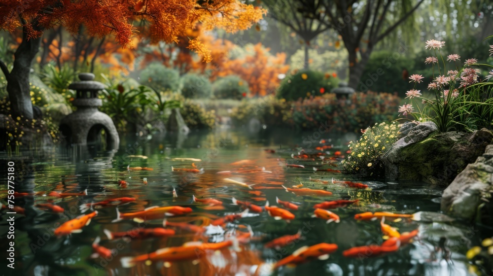 A pond teeming with numerous bright orange fish swimming gracefully in the water under the sunlight, creating a vibrant and lively aquatic scene.