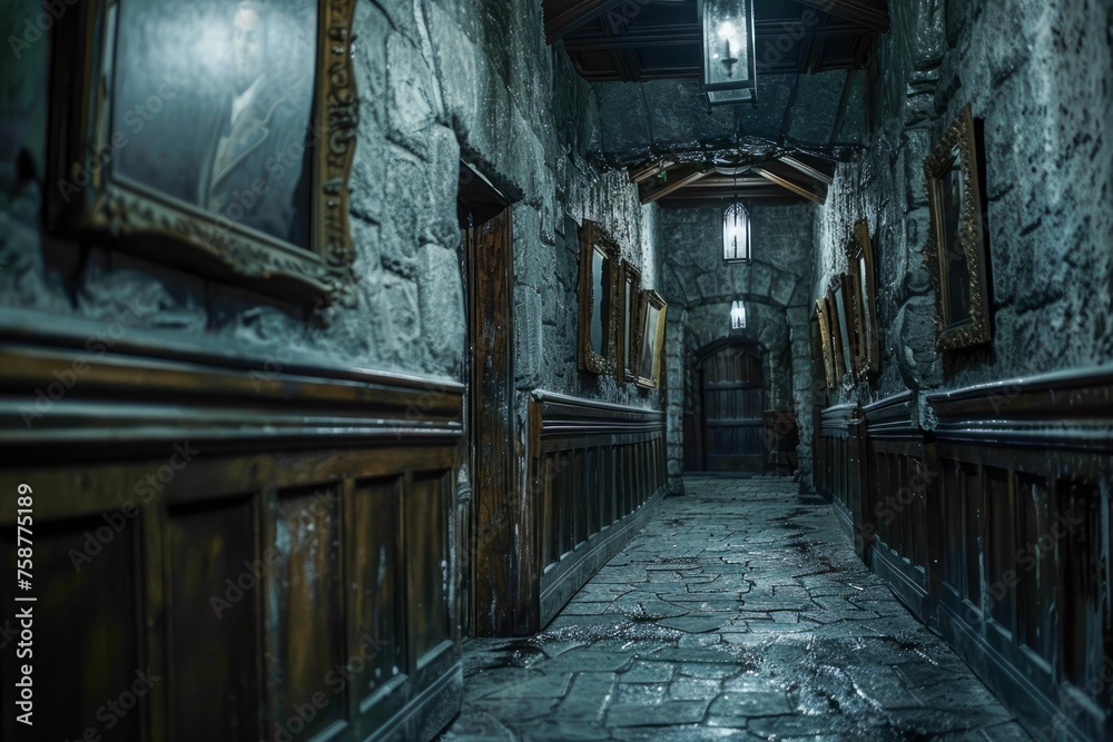 Mysterious Antique Corridor with Vintage Portraits and Dim Lighting