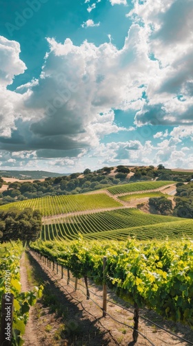 A vineyard can be seen sprawling across the rolling hills  with rows of vines neatly aligned under the bright sun.