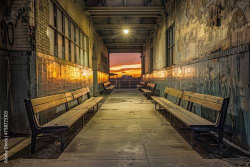 Serene Twilight at Urban Train Station with Empty Benches and Vibrant Sunset