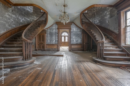 Majestic Vintage Double Staircase in Abandoned Mansion with Elegant Wooden Banisters and Sunlight Streaming Through Window