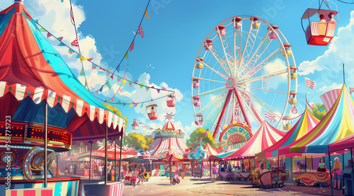 A festive carnival panorama bustling with colorful tents and a towering Ferris