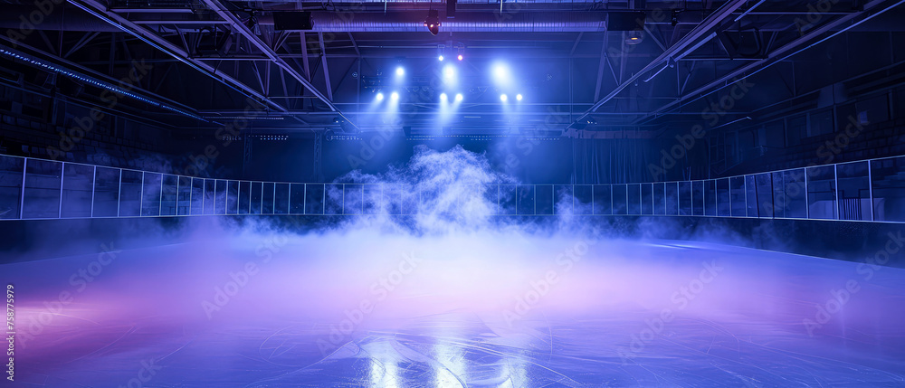 Ice Rink Background. Professional Arena illuminated blue, pink neon lights, spotlights with smoke. Copyspace. Winter poster for hockey competitions. Ice skating. Stadium. Generative ai