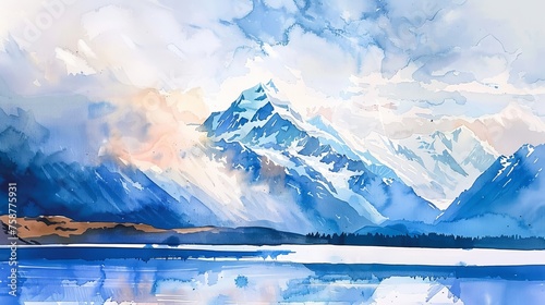 A detailed watercolor painting showcasing a majestic mountain range with Mount Cook in the background, overlooking a serene lake in the foreground. The artist has captured the beauty of nature with pr