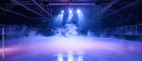 Ice Rink Background. Professional Arena illuminated blue, pink neon lights, spotlights with smoke. Copyspace. Winter poster for hockey competitions. Ice skating. Stadium. Generative ai © Inai