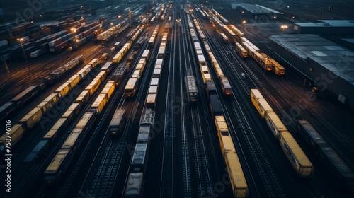 Generative AI Overhead shots of a railway yard showcasing trains, cargo containers, and logistics operations.