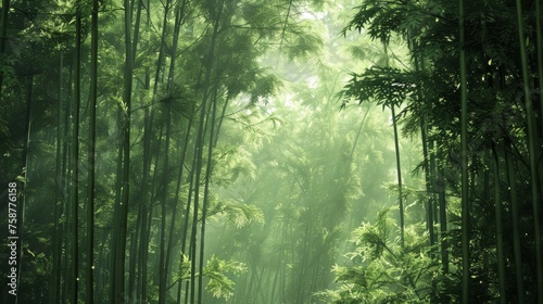 A dense green forest filled with a vast number of tall trees creating a lush and vibrant natural environment. The image showcases the dense foliage and abundance of plant life in the forest.