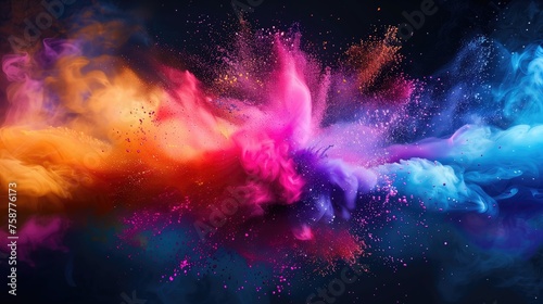 Colorful abstract powder explosion on black background. Colorful cloud of smoke.