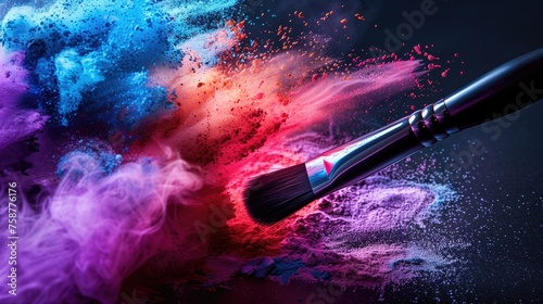 Paintbrush with colorful powder explosion on black background. Art concept
