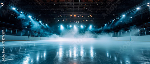 Blue Ice Rink Background. Professional Arena illuminated neon lights, spotlights with smoke. Copyspace. Winter poster for hockey competitions. Ice skating. Stadium. Generative ai © Inai