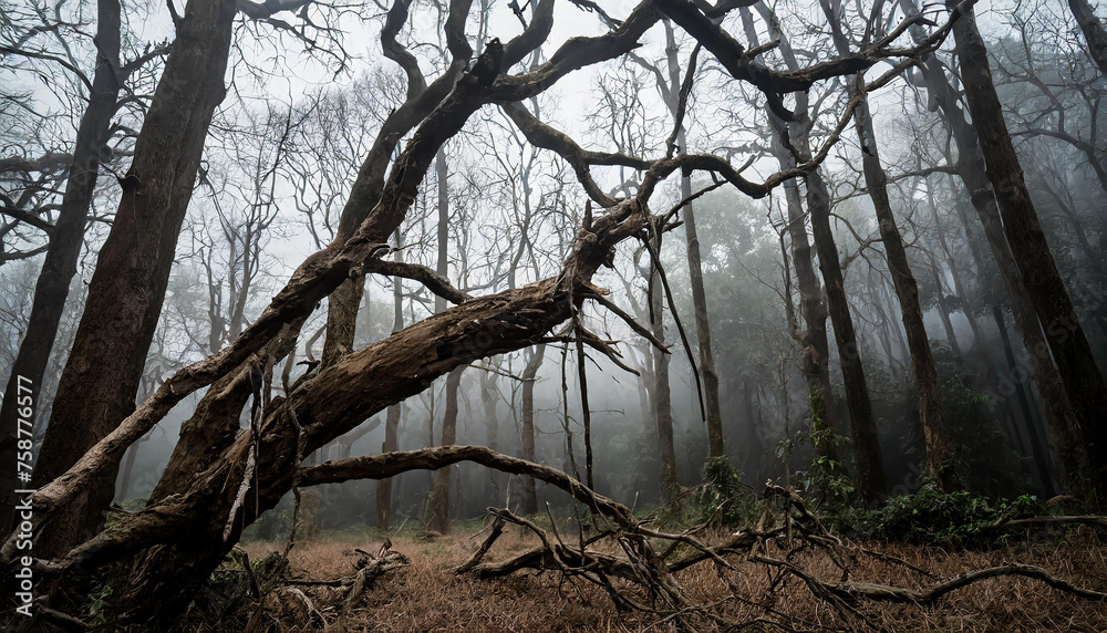 Dark forest with dead trees in fog. Dry broken branches. Mysterious scenery. Mystical atmosphere. Dark forest with dead trees in fog. Dry broken branches. Mysterious scenery. Mystical atmosphere.