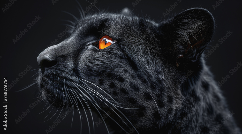A majestic black cheetah with vibrant orange glowing spots and eyes prowls in the shadows