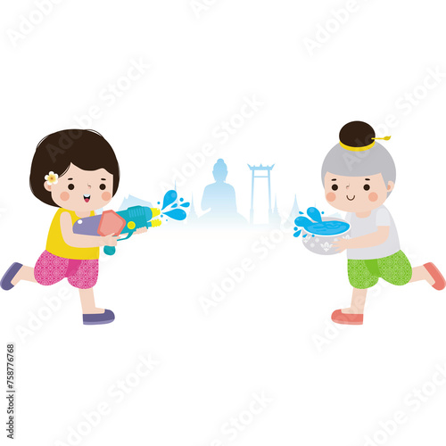 Songkran festival kids thai Traditional enjoy splashing water Thailand New Year Day travel Thailand concept. Translation Songkran