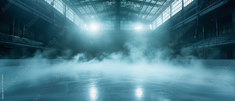Blue Ice Rink Background. Professional Arena illuminated neon lights, spotlights with smoke. Copyspace. Winter poster for hockey competitions. Ice skating. Stadium. Generative ai