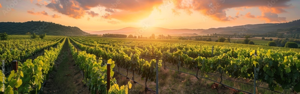 The sun is casting a warm glow as it sets over rows of lush green vines in a vineyard. The colors of the sky are transitioning from blue to orange and pink, creating a serene atmosphere.