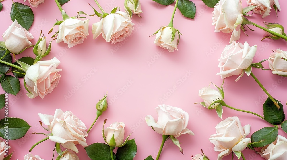 Border frame made of white, pink roses flowers on pink paper background. Beautiful white, pink roses flowers pink paper background , top view and flat lay style.,Generative ai, Border frame made of white, pink roses flowers on pink paper background. Beautiful white, pink roses flowers pink paper background , top view and flat lay style.,Generative ai,