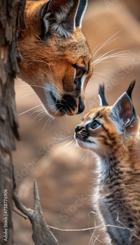 Male caracal and kitten portrait with text space, object on right for balanced composition