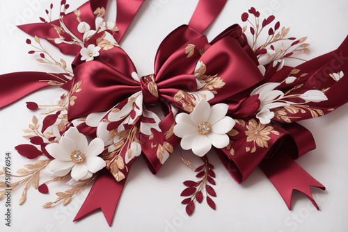  burgundy satin bow in the center of the composition on a white background around the perimeter of flower patterns