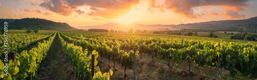 The sun is casting a warm glow as it sets over rows of lush green vines in a vineyard. The colors of the sky are transitioning from blue to orange and pink  creating a serene atmosphere.