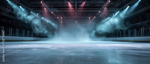 Ice Rink Background. Professional Arena illuminated blue  pink neon lights  spotlights with smoke. Copyspace. Winter poster for hockey competitions. Ice skating. Stadium. Generative ai