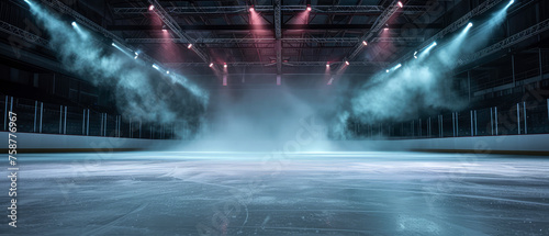 Ice Rink Background. Professional Arena illuminated blue, pink neon lights, spotlights with smoke. Copyspace. Winter poster for hockey competitions. Ice skating. Stadium. Generative ai