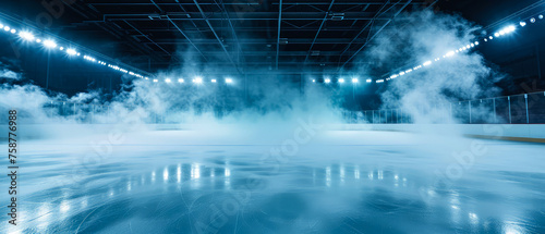 Blue Ice Rink Background. Professional Arena illuminated neon lights, spotlights with smoke. Copyspace. Winter poster for hockey competitions. Ice skating. Stadium. Generative ai © Inai