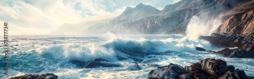 A painting depicting a rocky coast being battered by powerful crashing waves. The rocky shoreline is prominent, with waves in motion, creating a dynamic and intense scene.