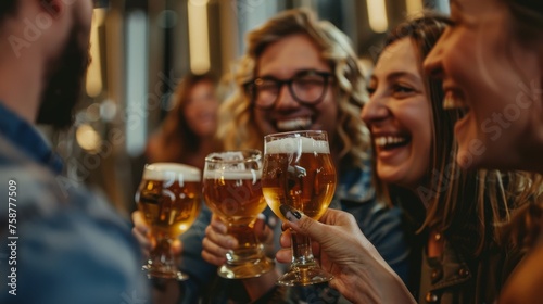 Cheerful friends enjoying a beer tasting session in a brewery