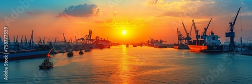 The bustling port of a major city during golden hour, with cargo ships and cranes silhouetted against the sunset sky photo