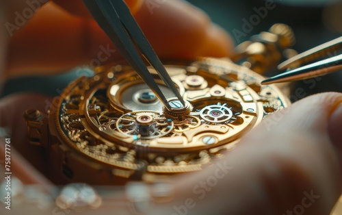 Close-up of a skilled watchmaker repairing the intricate parts of a golden mechanical watch.