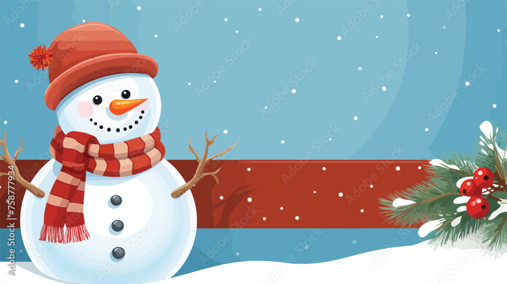 Cartoon smiling snowman in Santa hat and warm winter