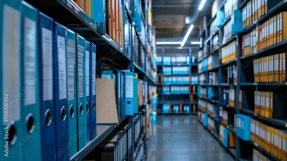 A long row of shelves filled with files in an organized filing room, showcasing a systematic storage system for documents and records.