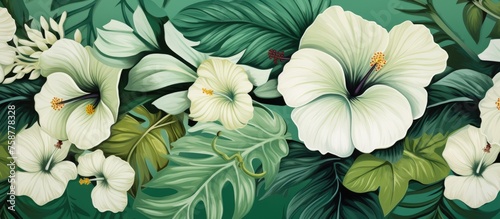 Exotic green pattern with Monstera leaves and hibiscus flowers in a summer design.