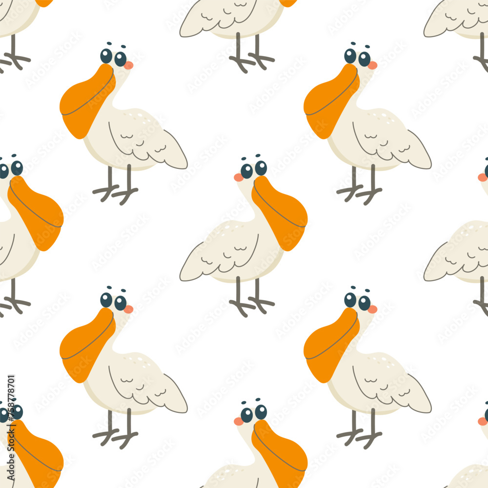 Naklejka premium Seamless pattern with pelican bird, on white background, children's pattern, for fabric, wrapping paper, wallpaper