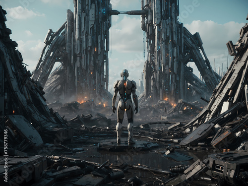 A solitary figure standing amidst ruins, surrounded by the aftermath of battle