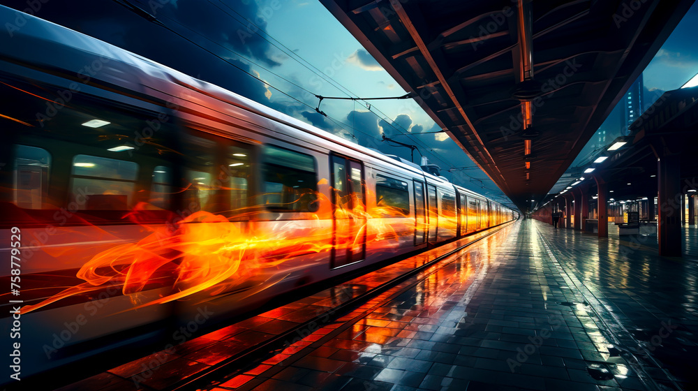 Fototapeta premium Speeding Through: Capturing the Vibrant Energy of Passing Trains on a Dynamic Station Platform