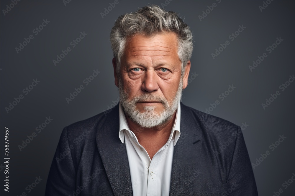 Portrait of a serious senior man with grey hair and beard standing against grey background. Portrait of a serious senior man with grey hair and beard standing against grey background.