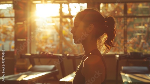 Serene woman practicing Pilates in a sunlit studio with a warm, cheerful atmosphere